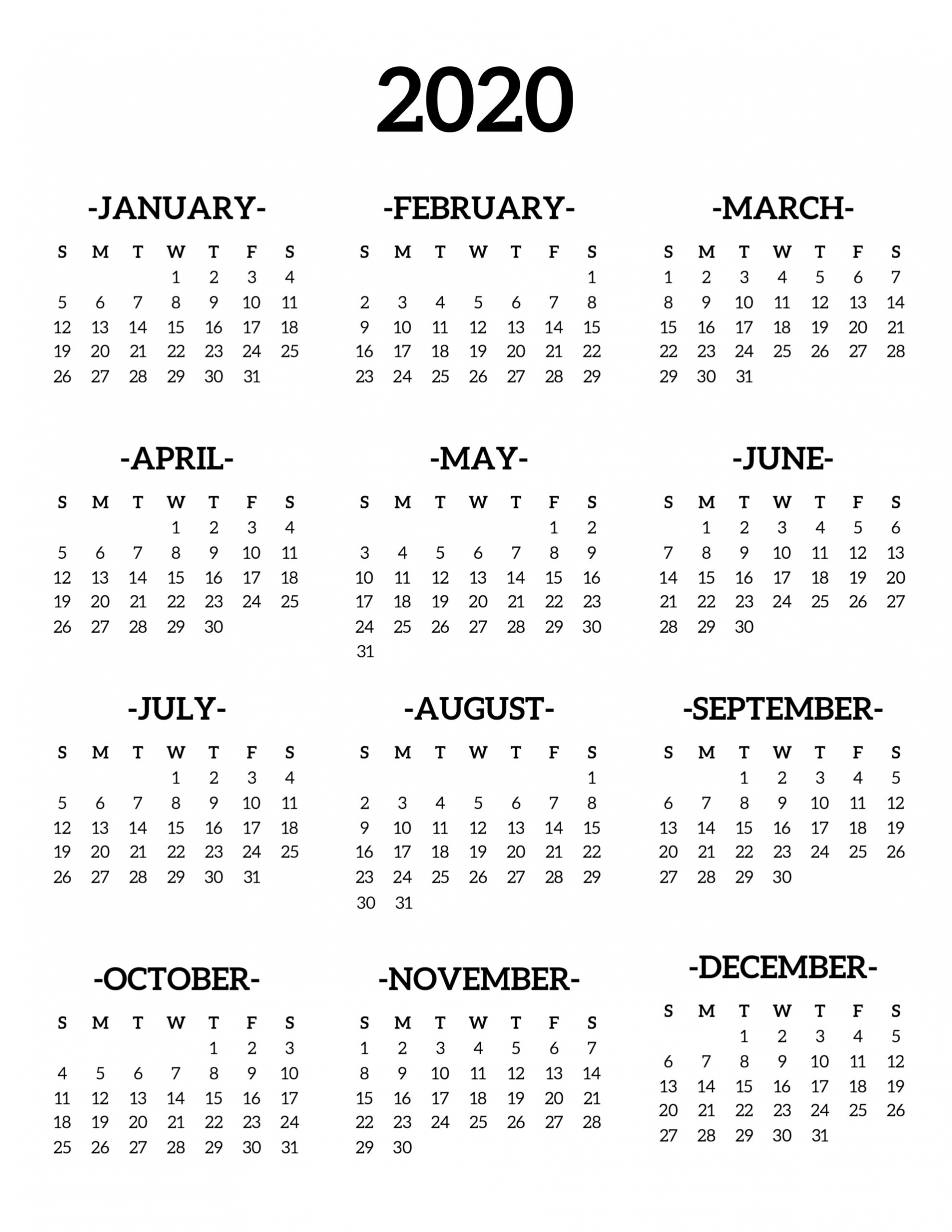 1 page monthly calendar 2020 | monthly calendar blank 2020