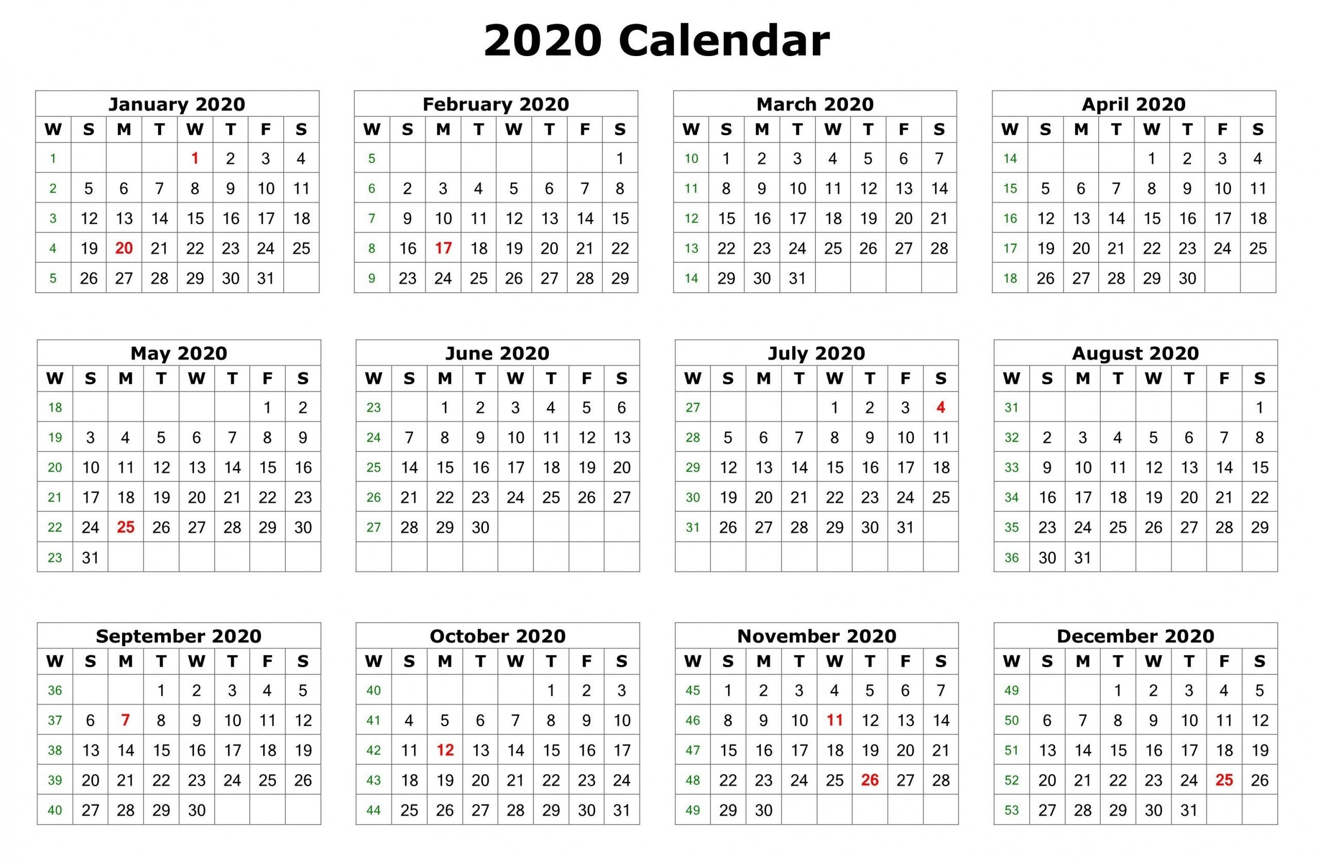12 Month Calendar 2020 Printable With Holidays | Monthly
