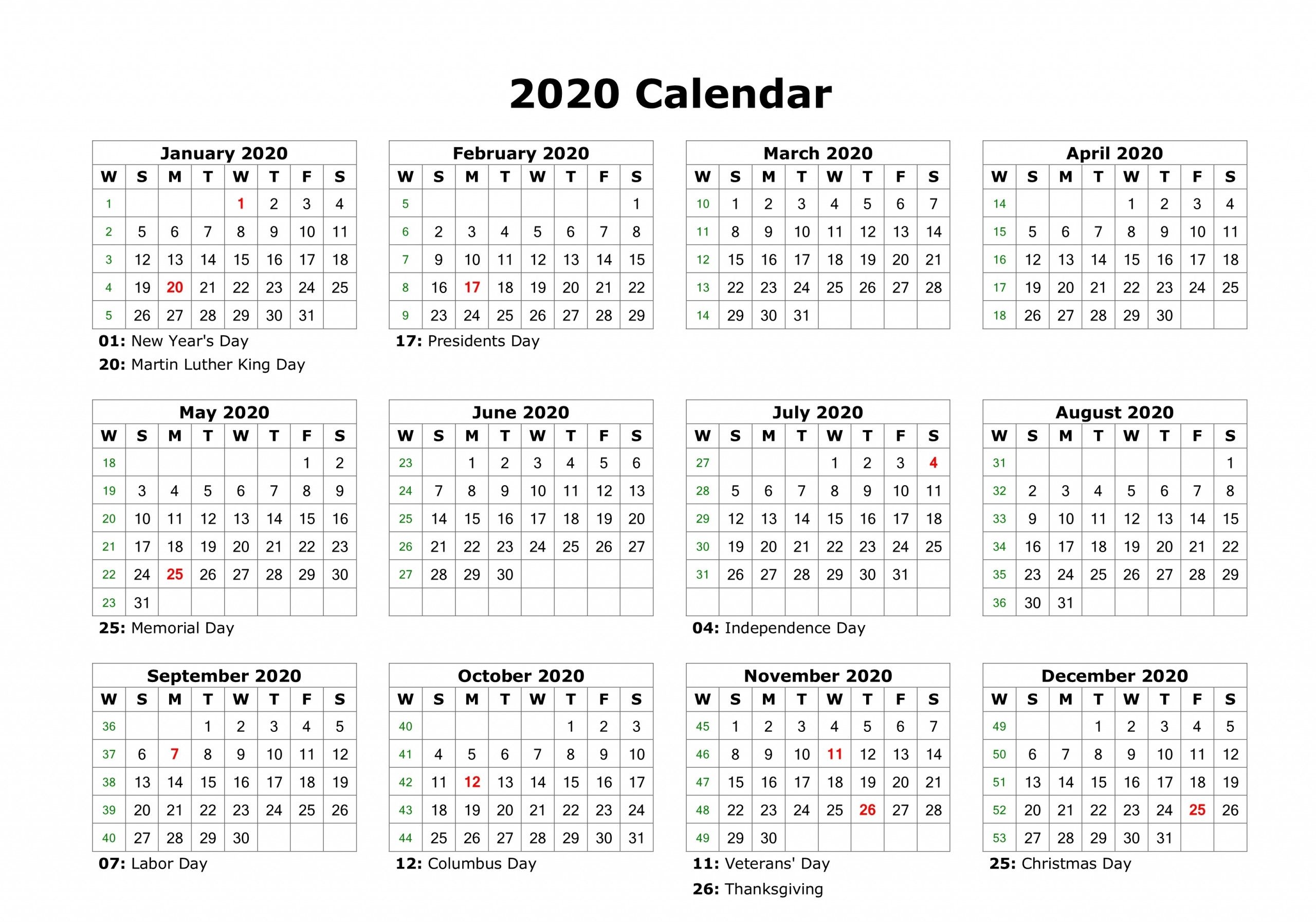 12 Month Calendar 2020 Printable With Holidays | Monthly