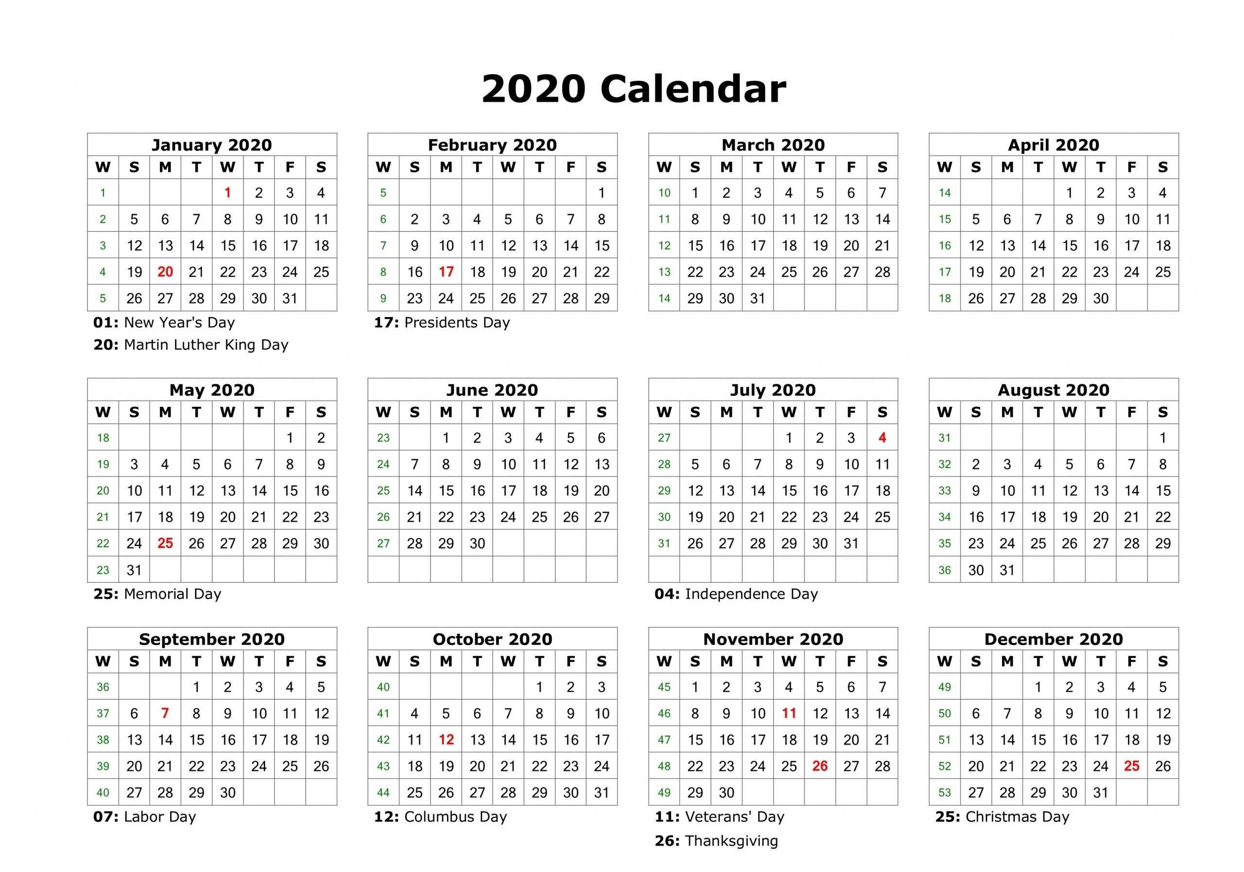 12 month calendar 2020 printable with holidays | monthly