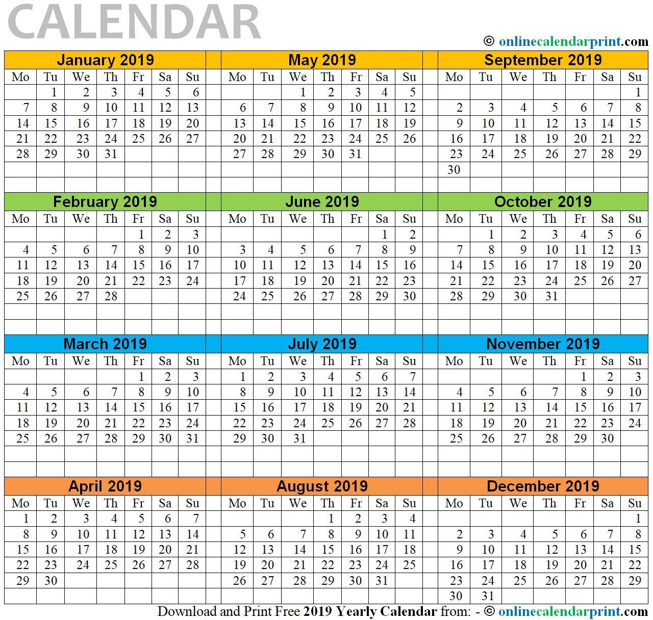 12 Month Calendar Printable One Page 2019 | Calendar