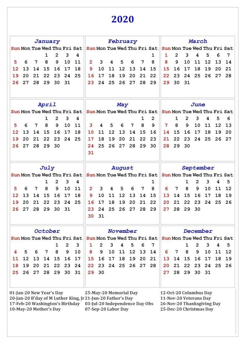 12 Months 2020 Printable Calendar With Holidays | Calendar