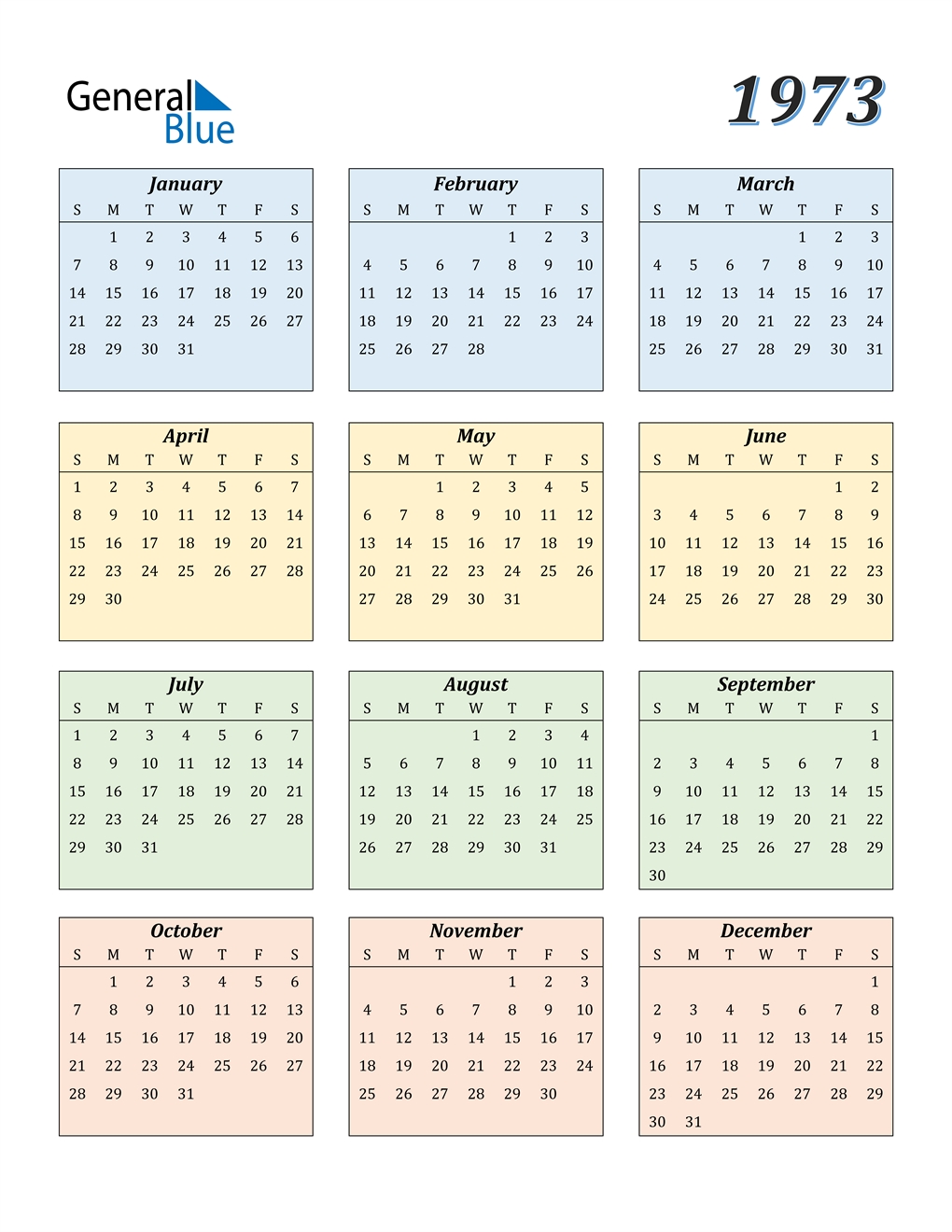 1973 Calendar (pdf, Word, Excel)