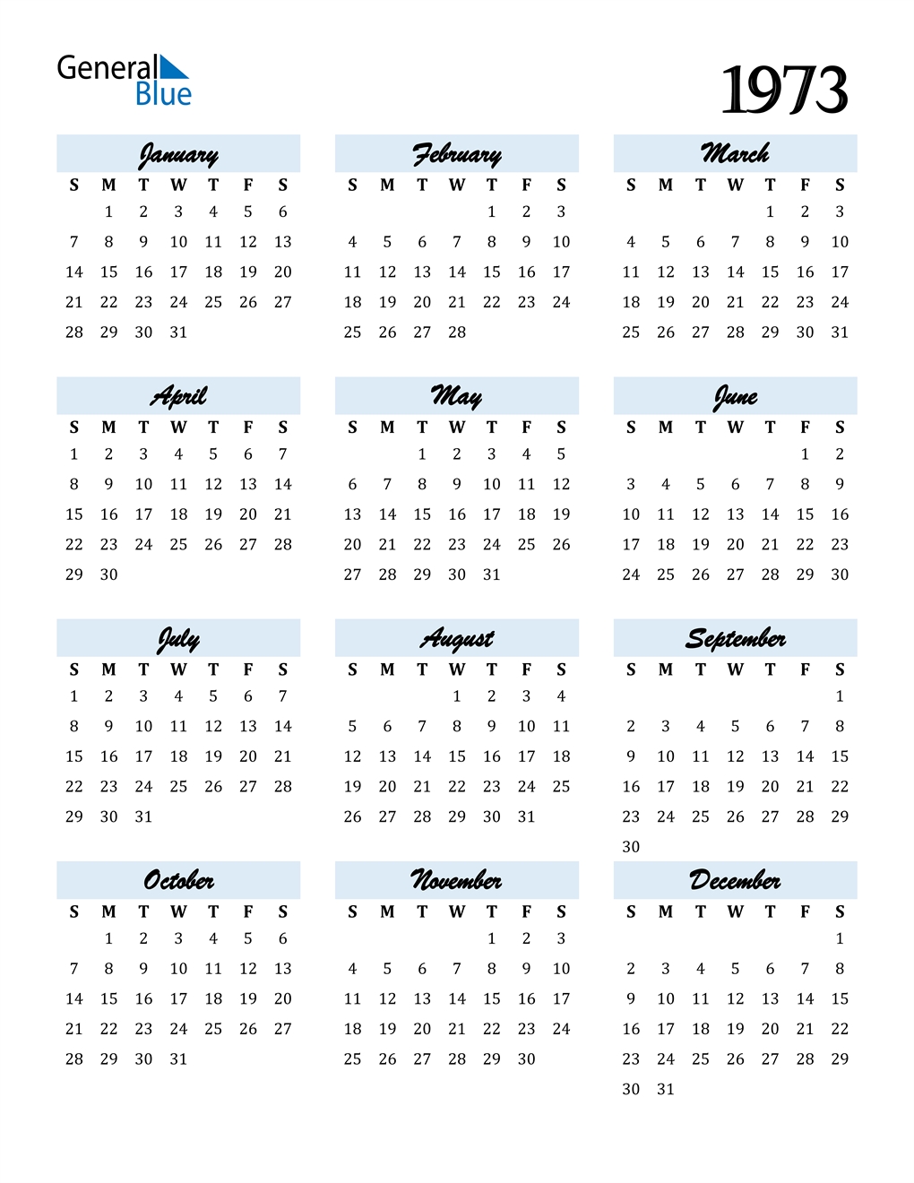 1973 calendar (pdf, word, excel)