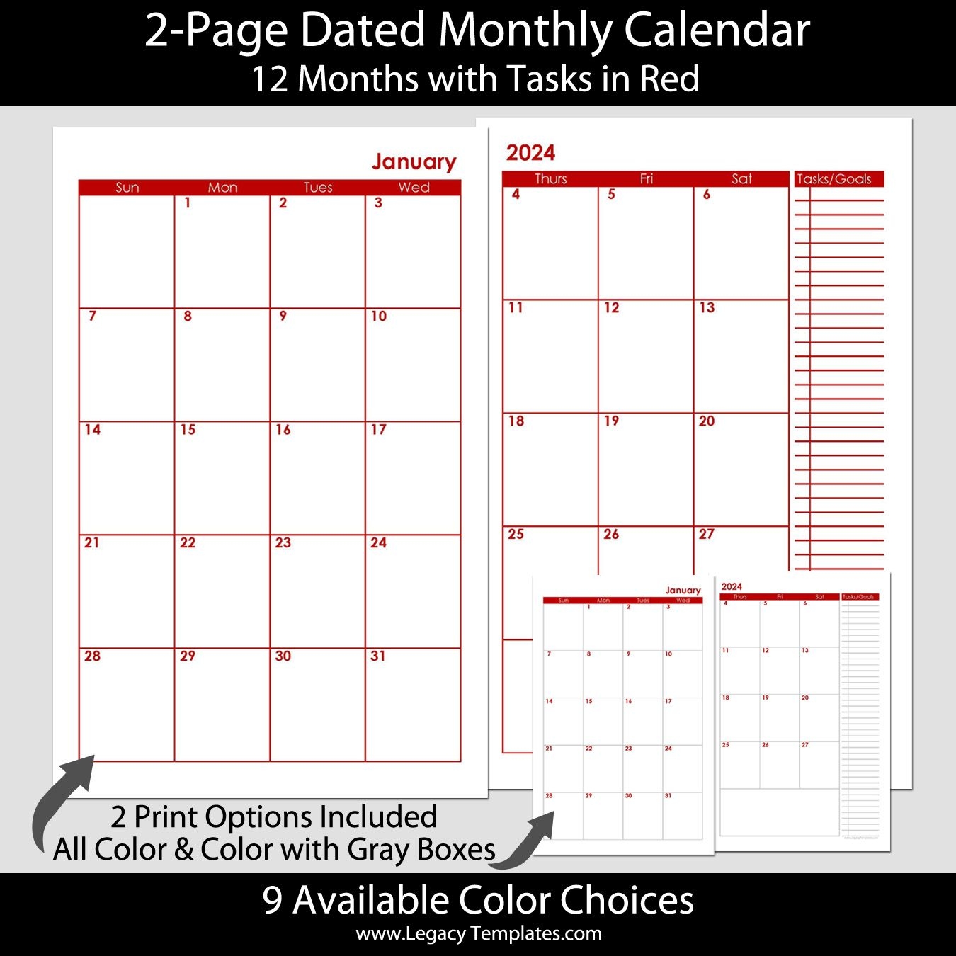 2 page dated monthly calendar in red 5 5 x 8 5 | legacy