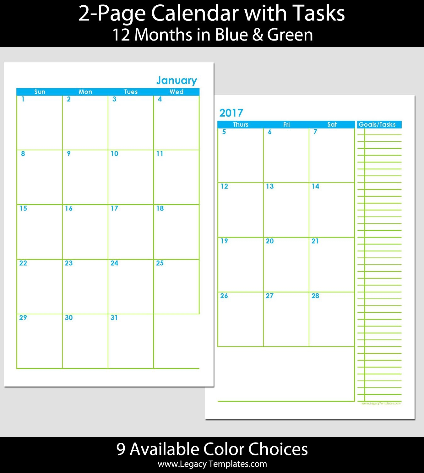 2015 12 Month 2 Page Calendar Half Size | Legacy Templates