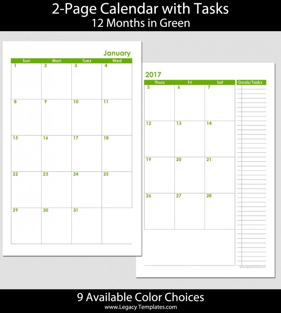 2015 12 Month 2 Page Calendar Half Size | Legacy Templates