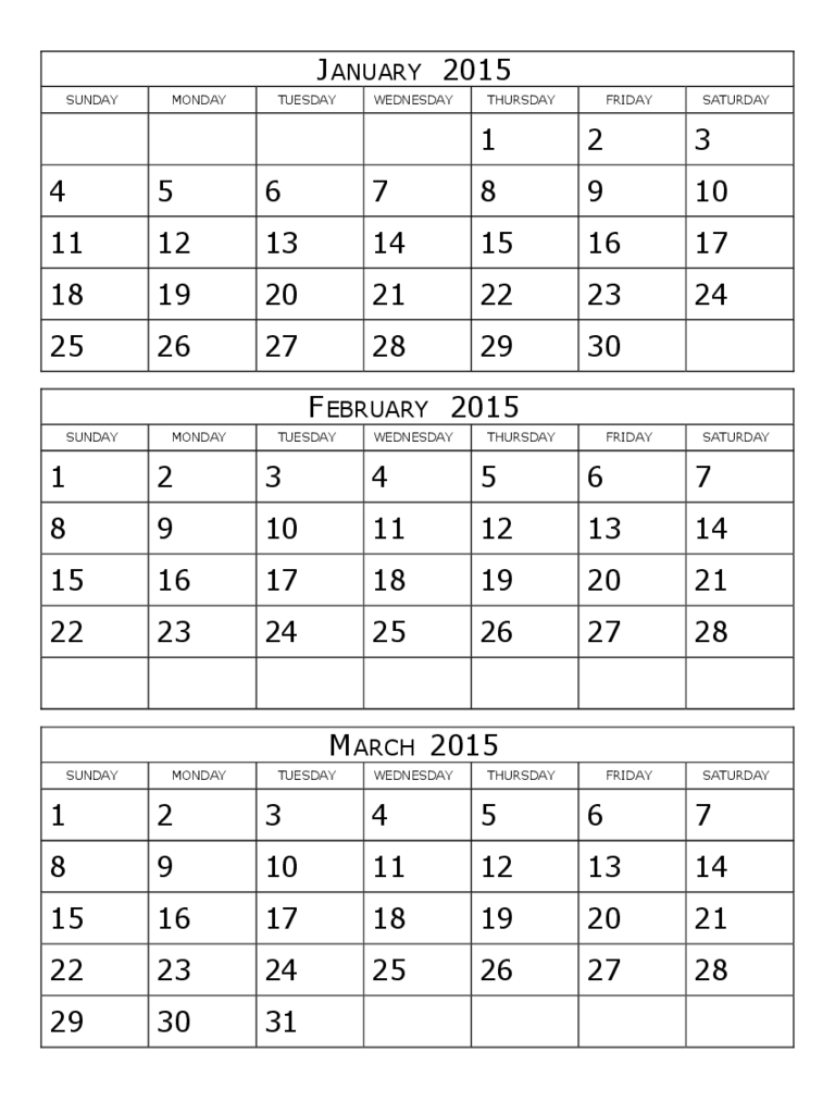 2015 Calendar Three Months Per Page Edit, Fill, Sign
