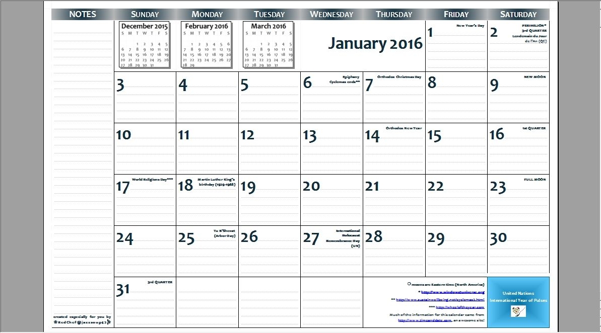 2016 11×17 Free Printable Page Per Month Wall Calendar With