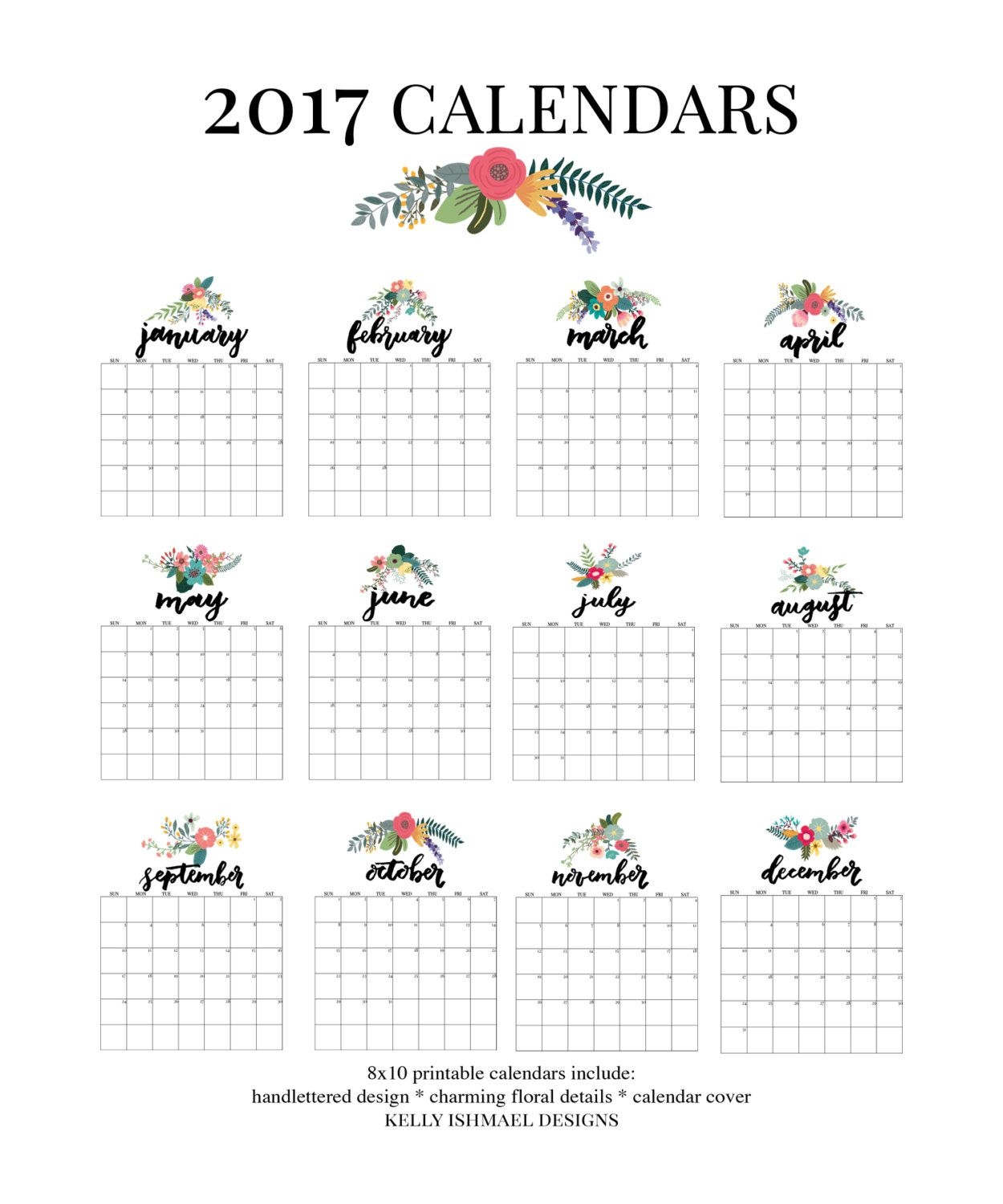 2017 calendar / printable calendar / 8x10 calendar / wall calendar / floral calendar / handlettering / printable