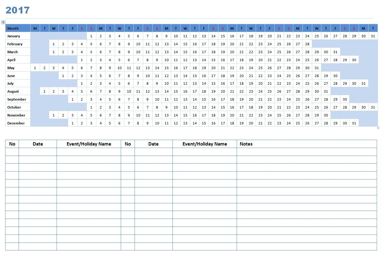 2017 Linear Calendar Template Free Microsoft Word Templates