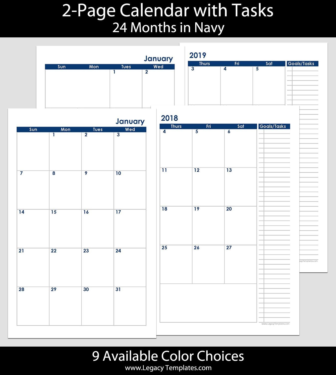 2018 &amp; 2019 24 months 2 page calendar printable 2 page