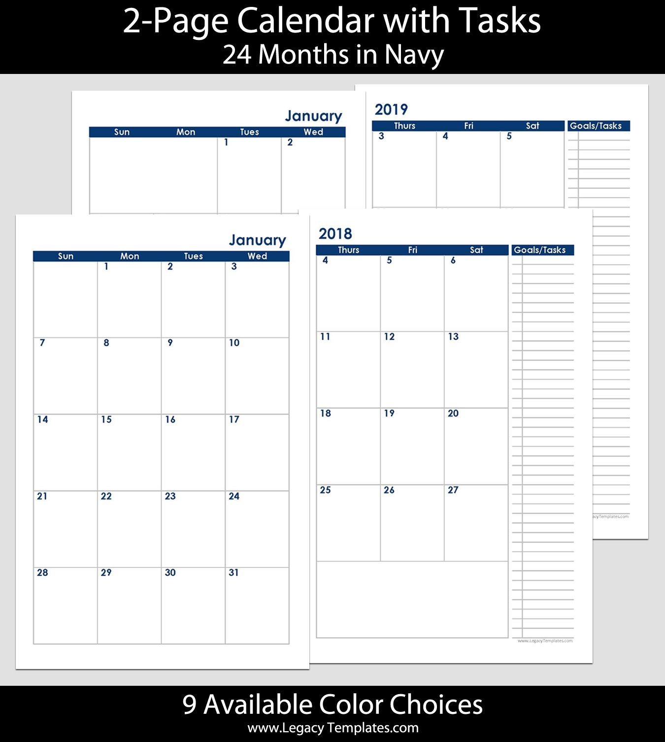 2018 & 2019 24 Months 2 Page Calendar Printable 2 Page