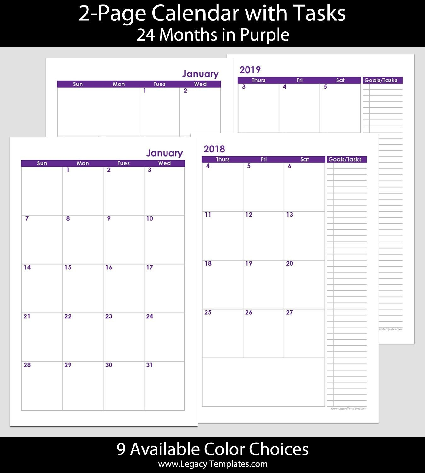2018 &amp; 2019 24 months 2 page calendar printable 2 page