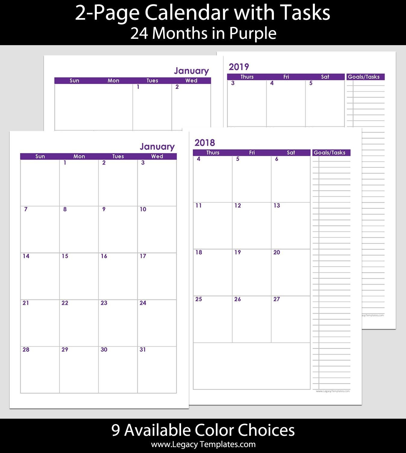 2018 & 2019 24 Months 2 Page Calendar Printable 2 Page