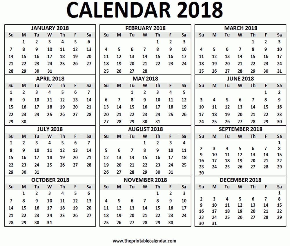 2018 Calendar Printable 12 Months Calendar On One Page