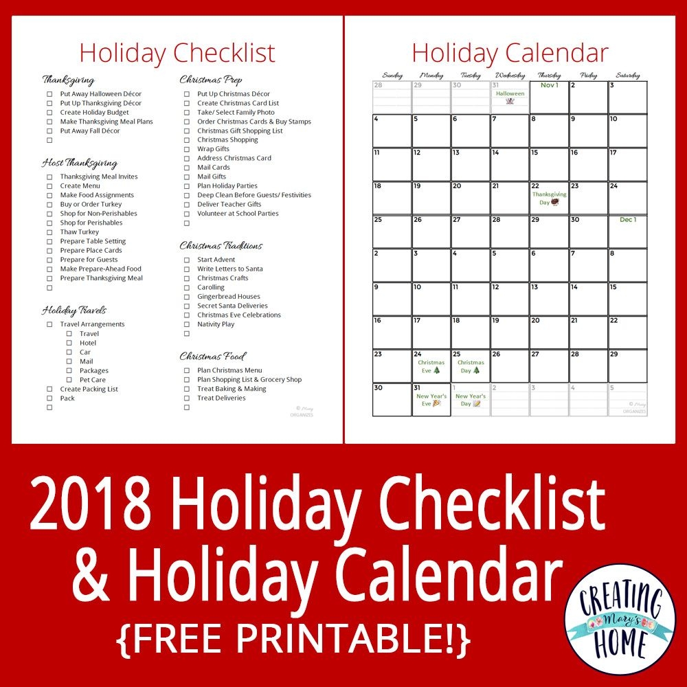 2018 Holiday Calendar & Checklist Creatingmaryshome