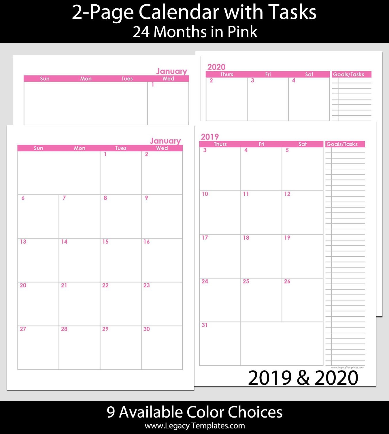 2019 & 2020 24 Months 2 Page Calendar – A5 | Legacy Templates