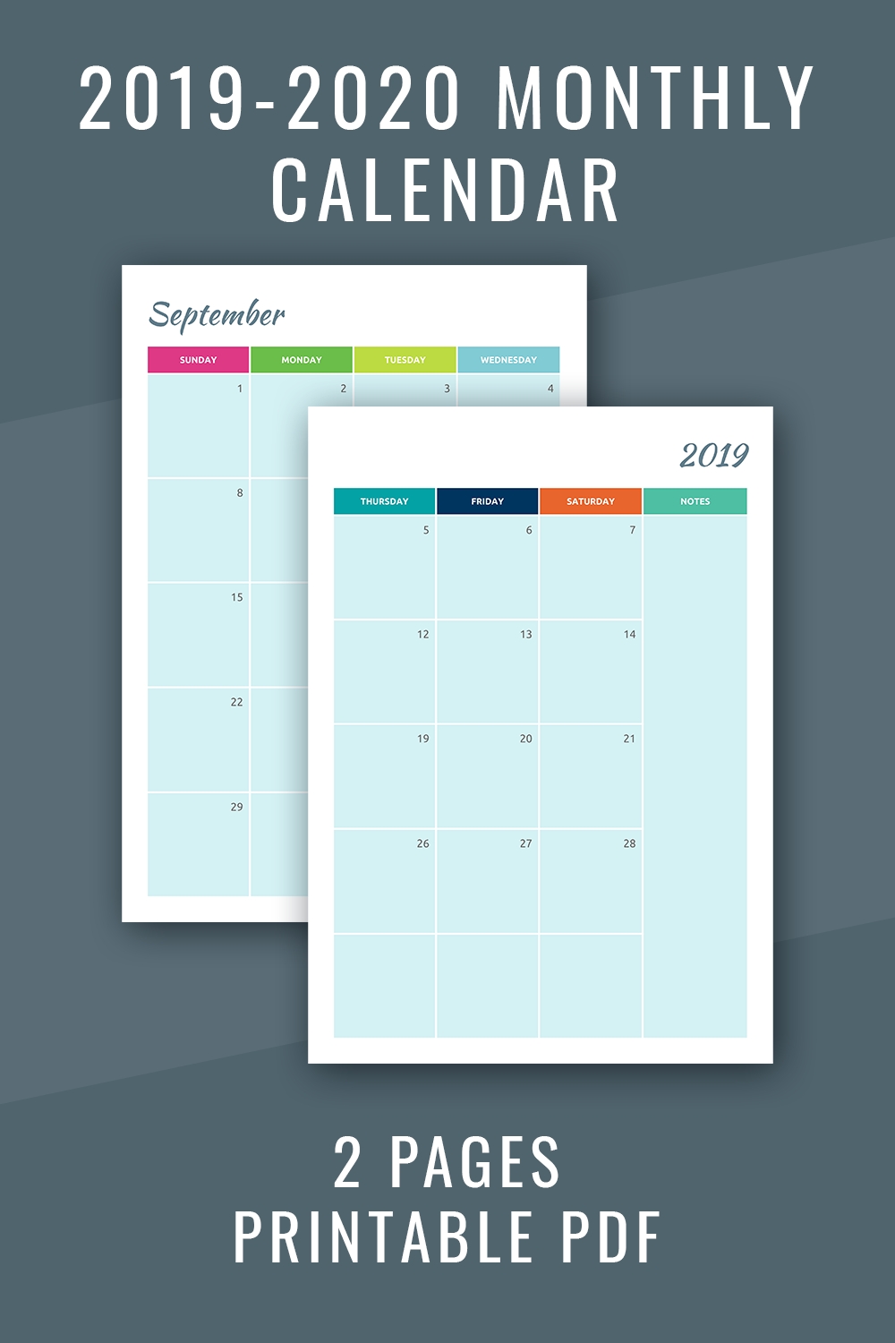 2019 2020 Monthly Calendar | Month At A Glance Template