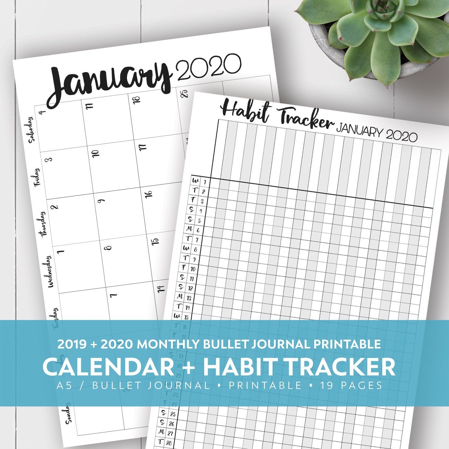 2019 2020 Monthly Printable Calendar Habit Tracker Kit