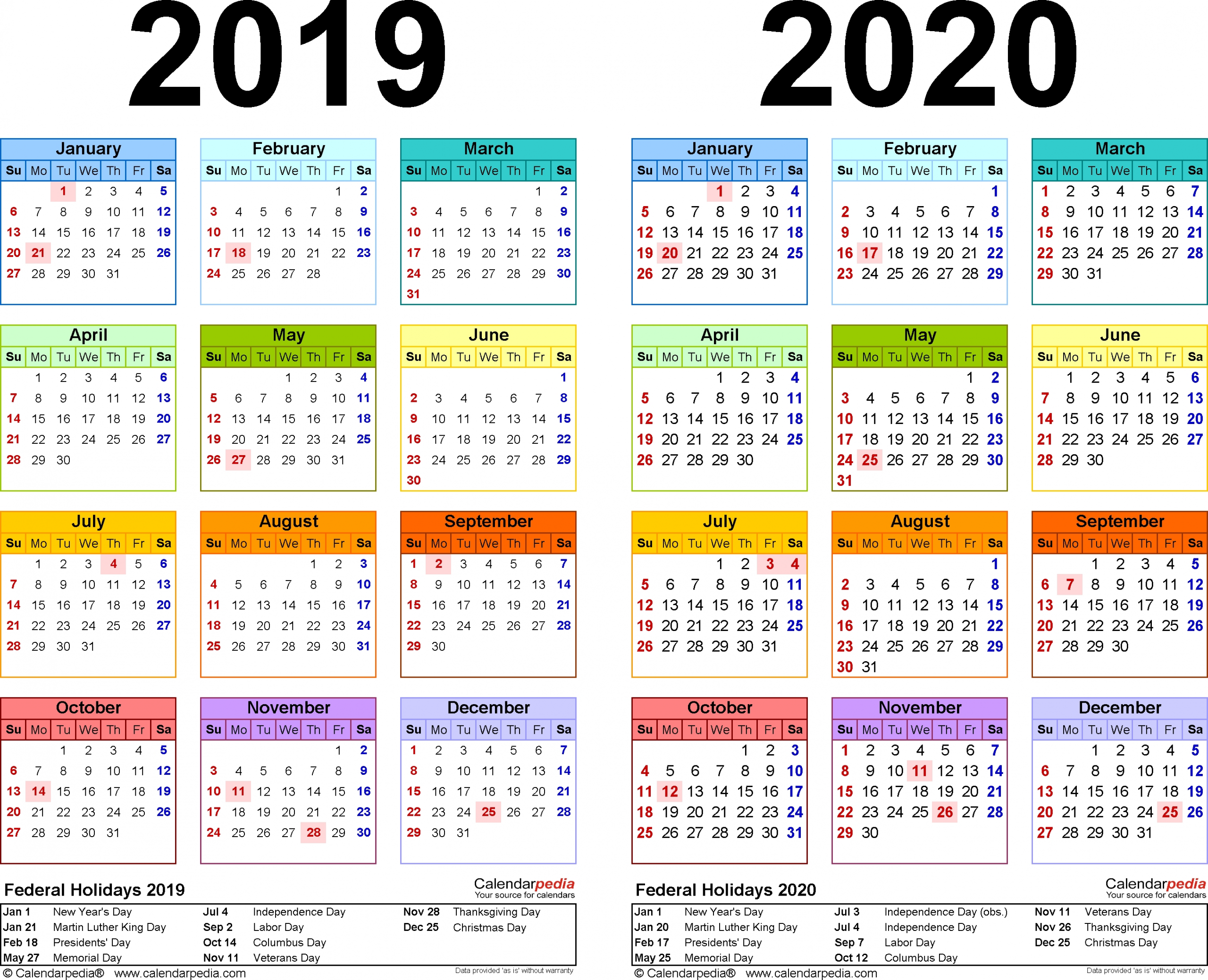 2019 2020 Two Year Calendar Free Printable Pdf Templates