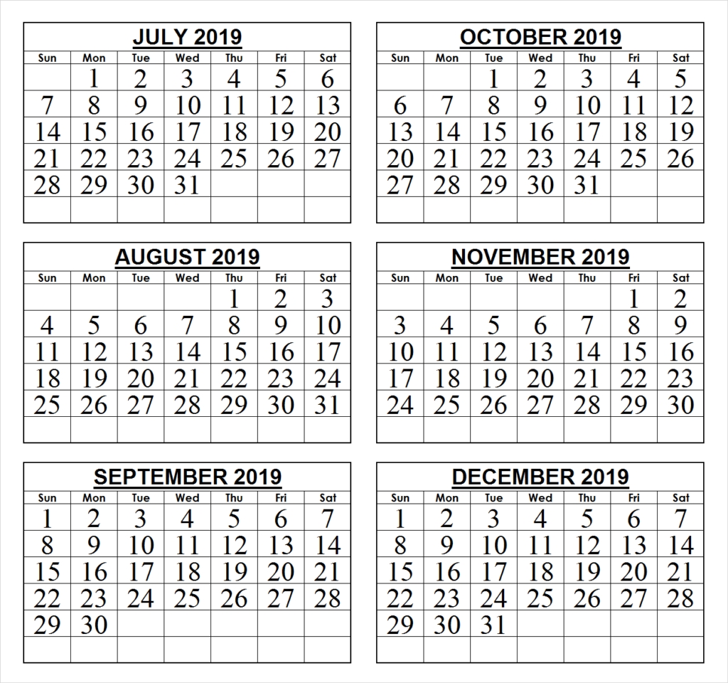 2019 6 months half year calendar printable download