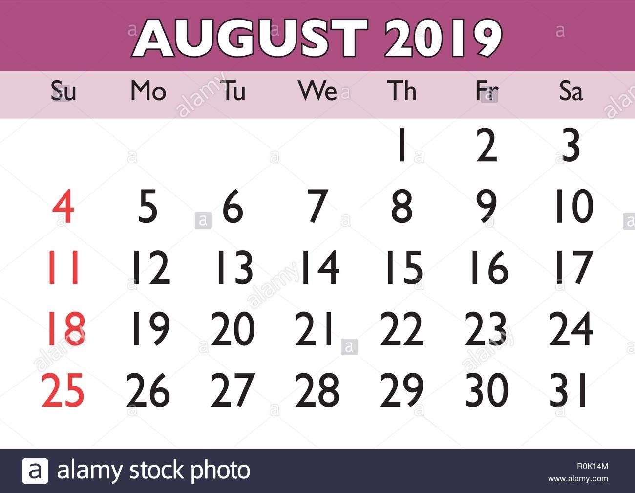 2019 Calendar August Month Vector Printable Calendar