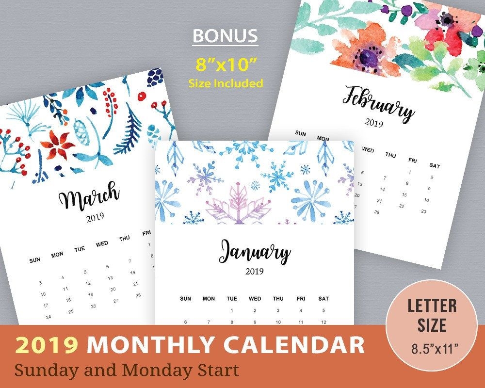 2019 Monthly Calendar, Printable Wall Calendar, Watercolor, Hand Lettering, Desk Calendar, 12 Month Calendar, Calligraphy, Letter 8×10