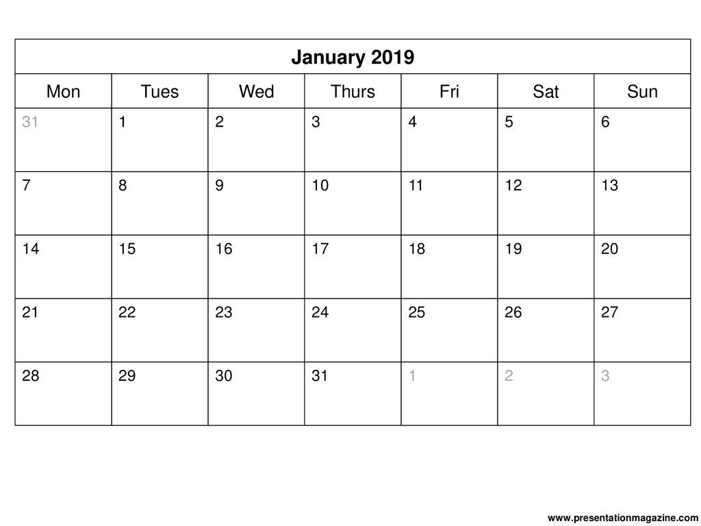 2019 Monthly Calendar Template Ppt Download