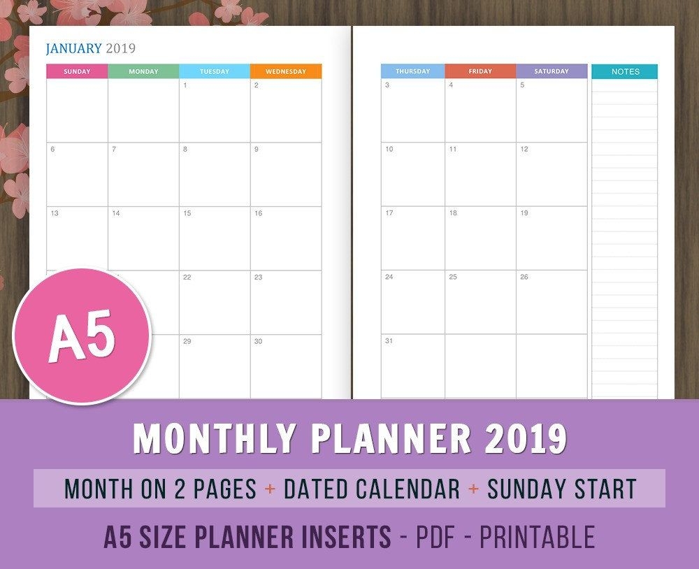 2019 Monthly Planner, Monthly Calendar, Dated Calendar, Weekly Planner 2019, Sunday Start, A5 Filofax Inserts, Month On Two Pages, Mo2p