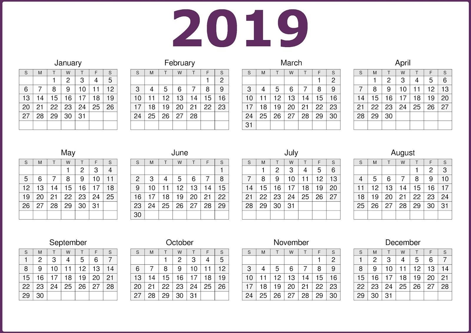 2019 one page 12 months calendar | calendar 2019 template