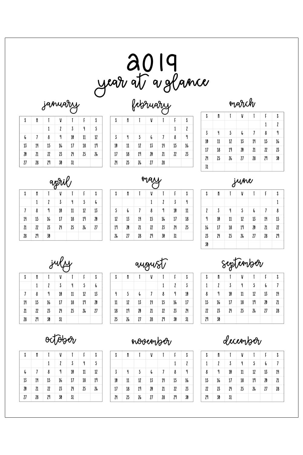 2019 printable calendar