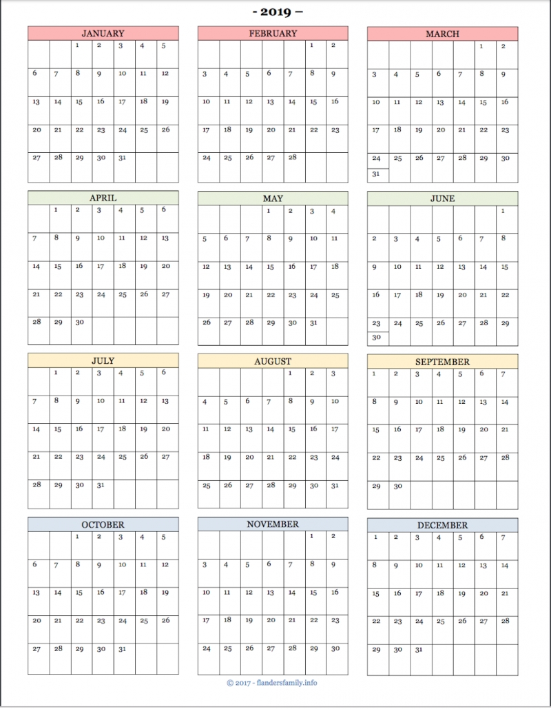 2019 year at a glance calendar | calendar printables, at a