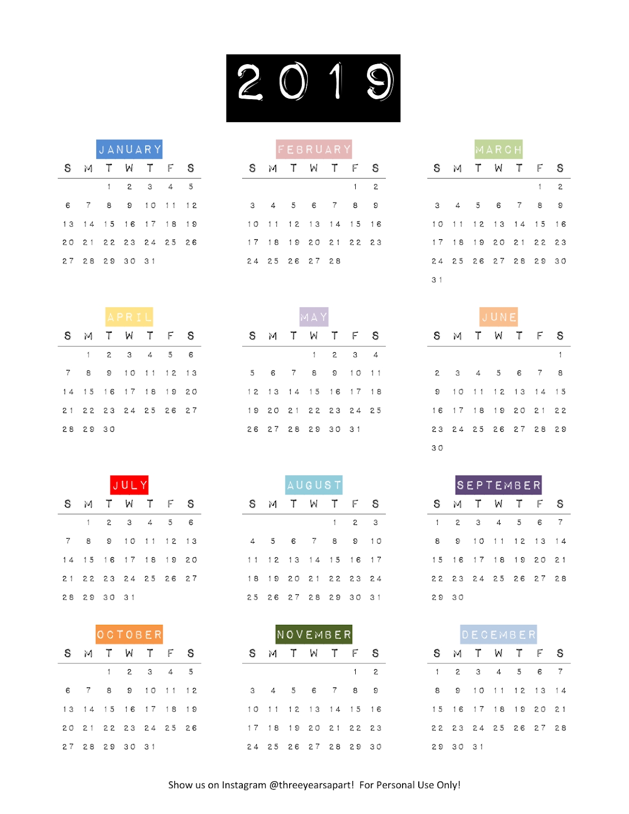 2019 Yearly Calendar Free Printable | Bullet Journal And