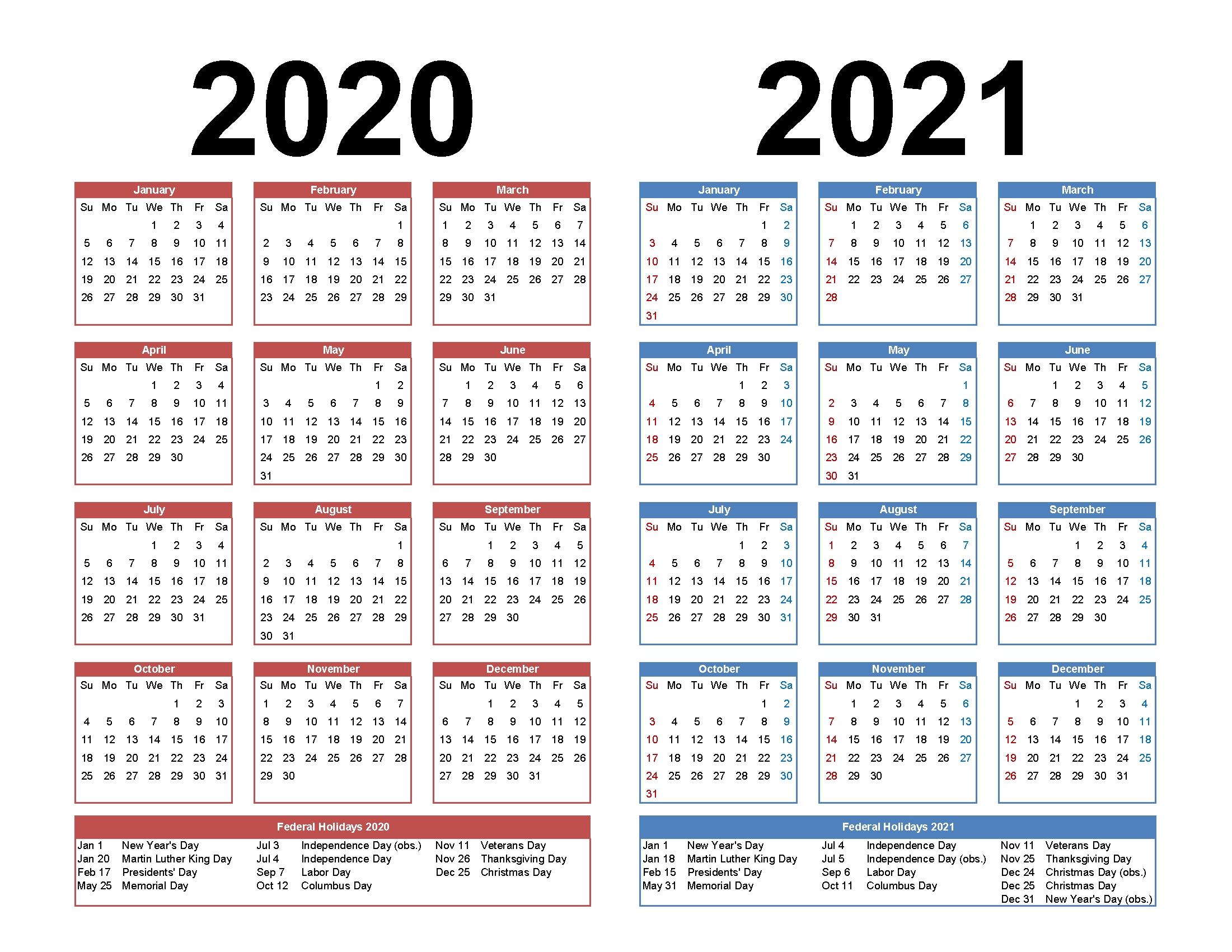 2020 and 2021 monthly calendar printable free download
