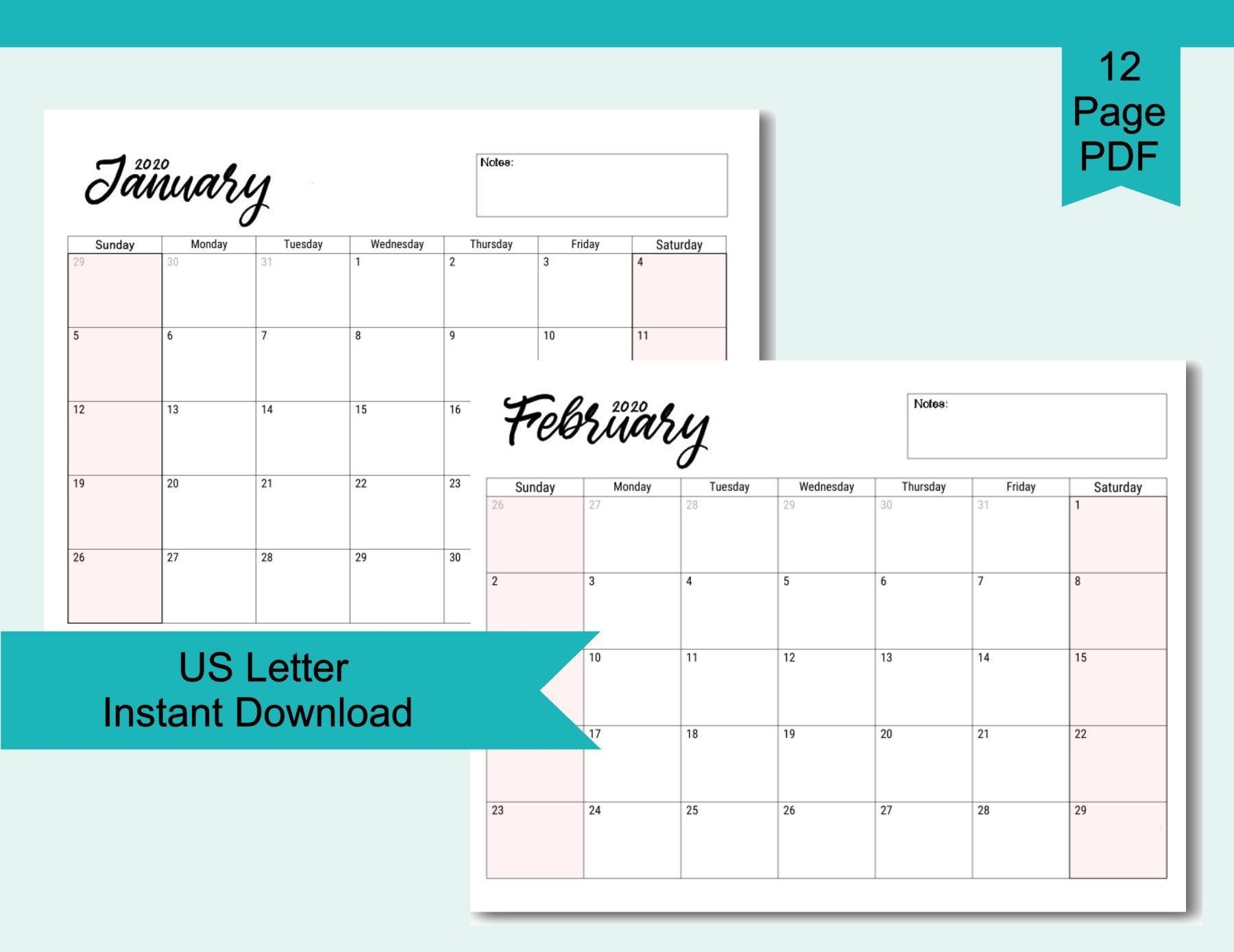 2020 calendar digital download pdf, horizontal calendar