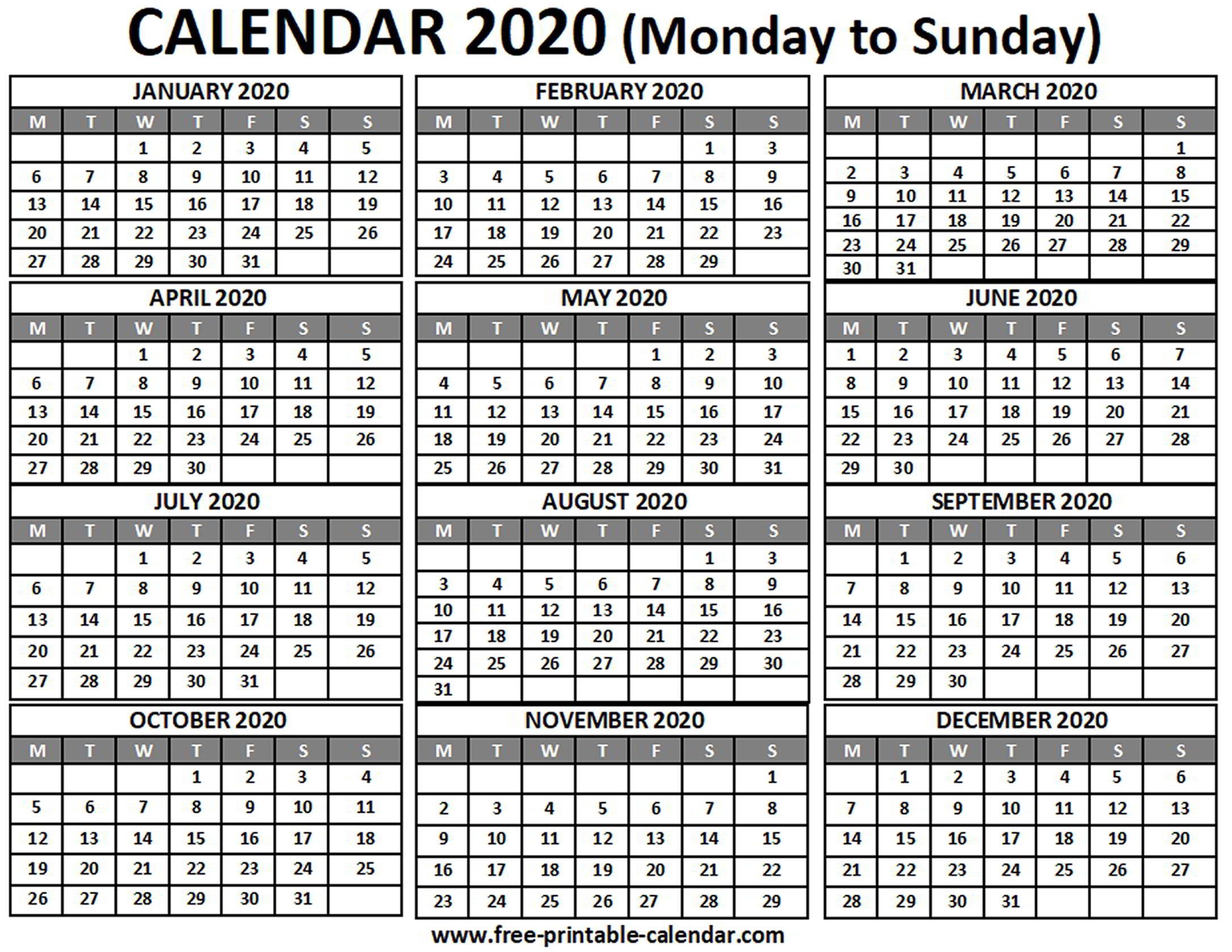 2020 Calendar Free Printable Calendar