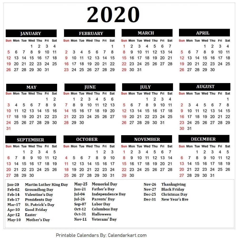 2020 Calendar Free Printable Template