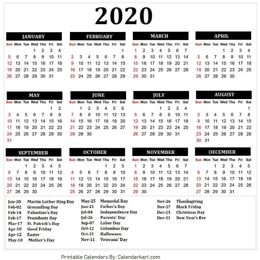 2020 calendar free printable template