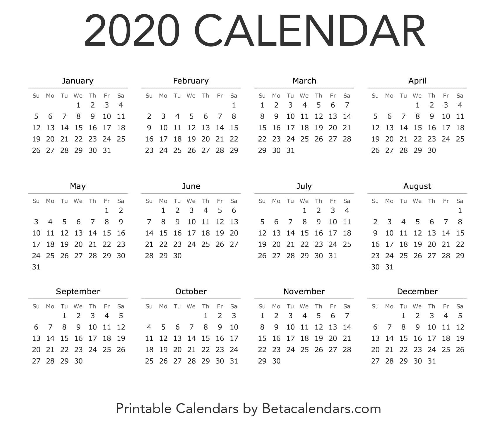 2020 calendar free printable yearly calendar 2020