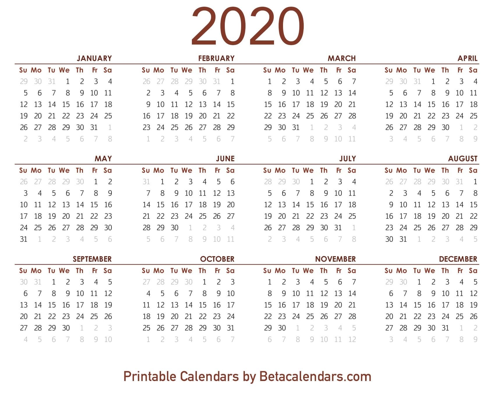 2020 calendar free printable yearly calendar 2020