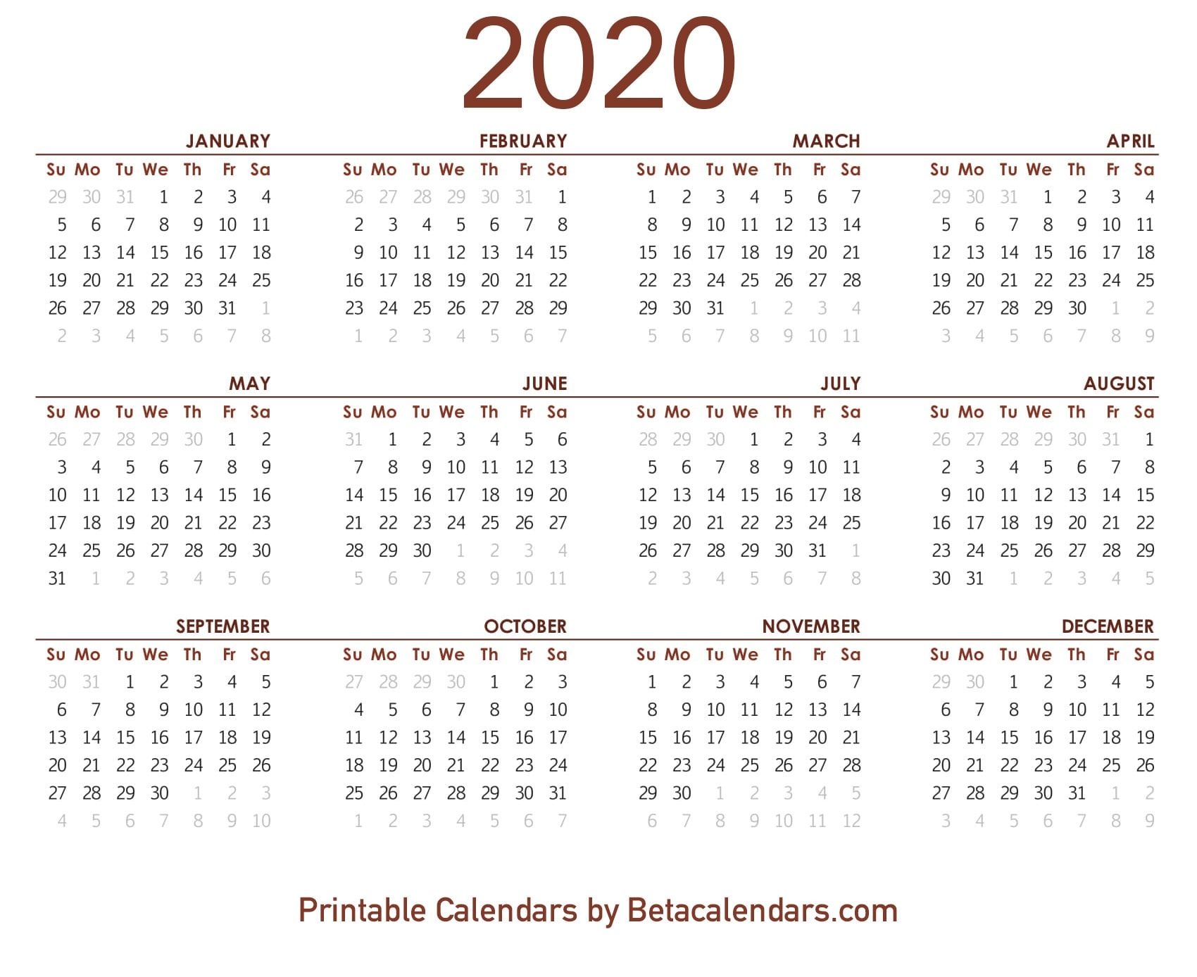 2020 Calendar Free Printable Yearly Calendar 2020