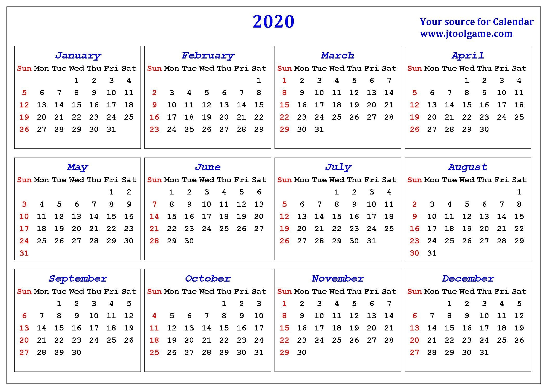 2020 Calendar Printable Calendar 2020 Calendar In
