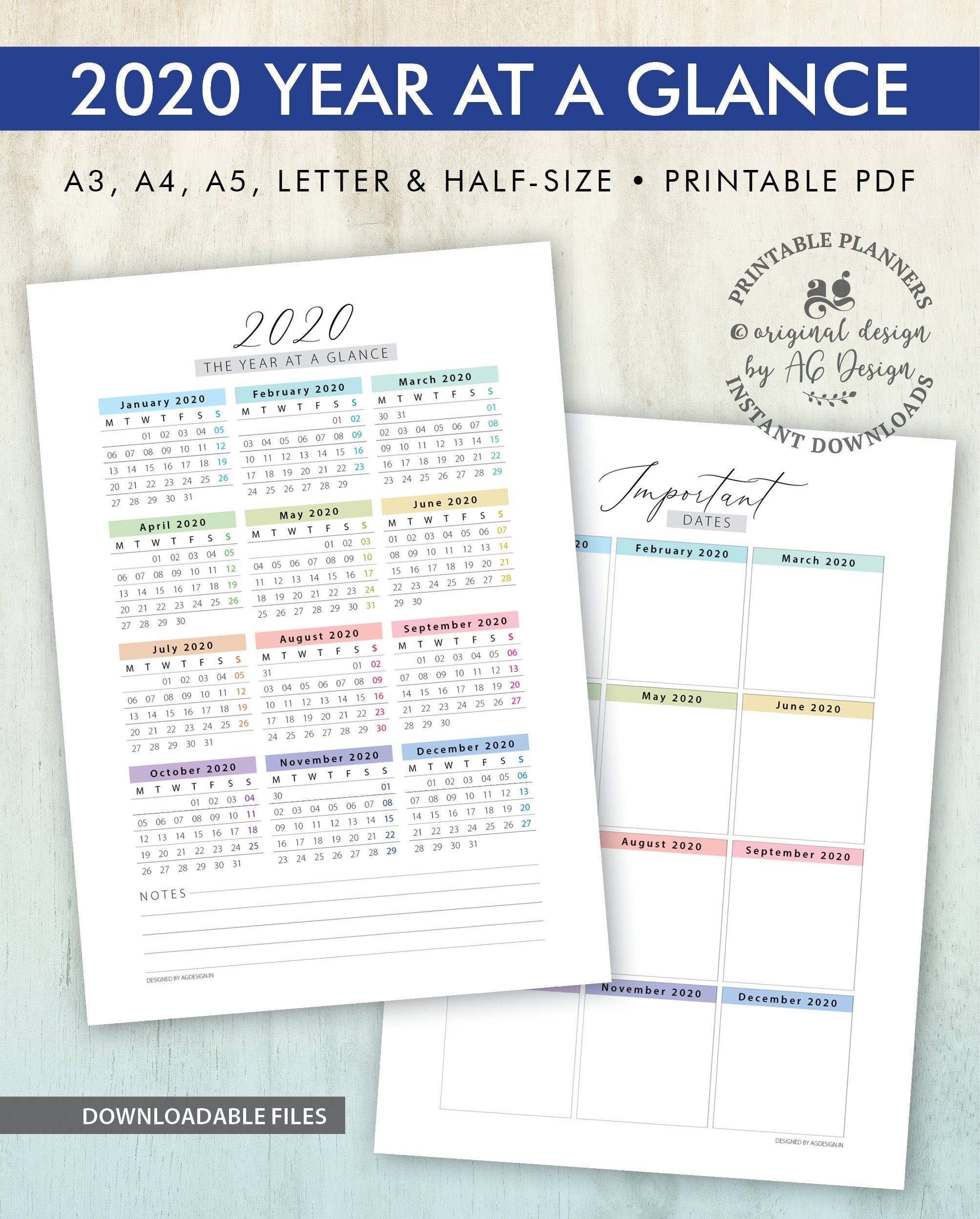 2020 calendar printables, year at a glance and dates, yearly