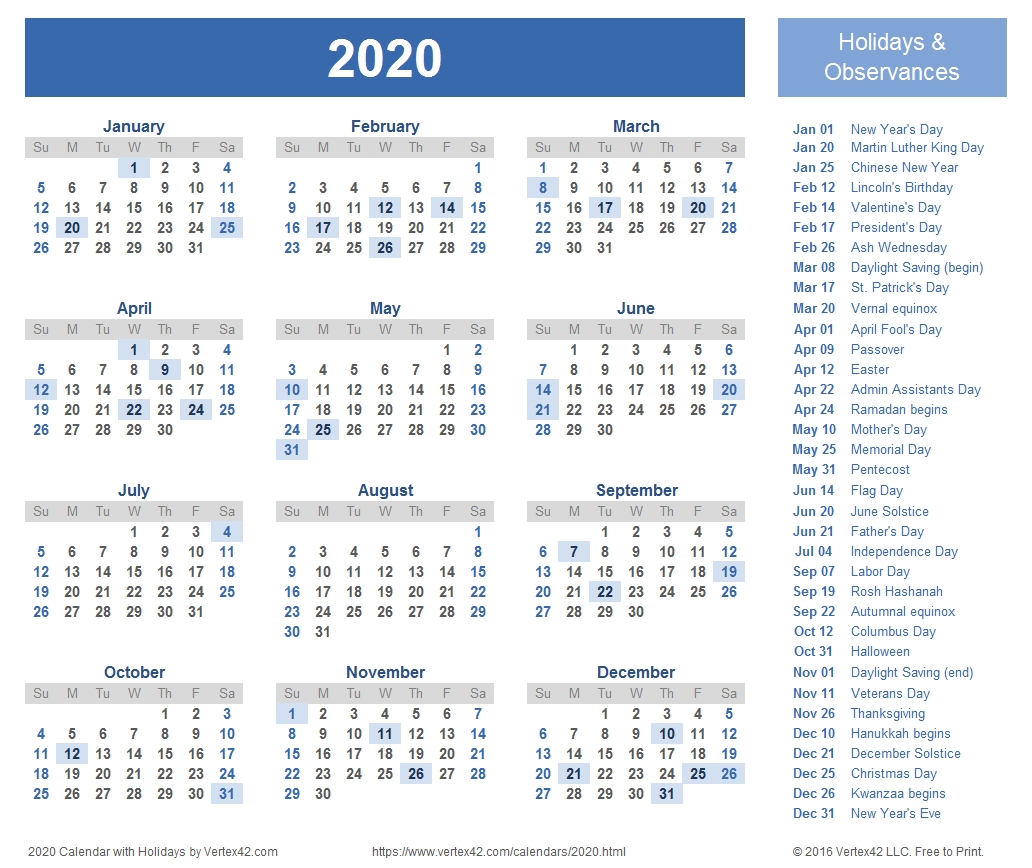 2020 calendar templates and images