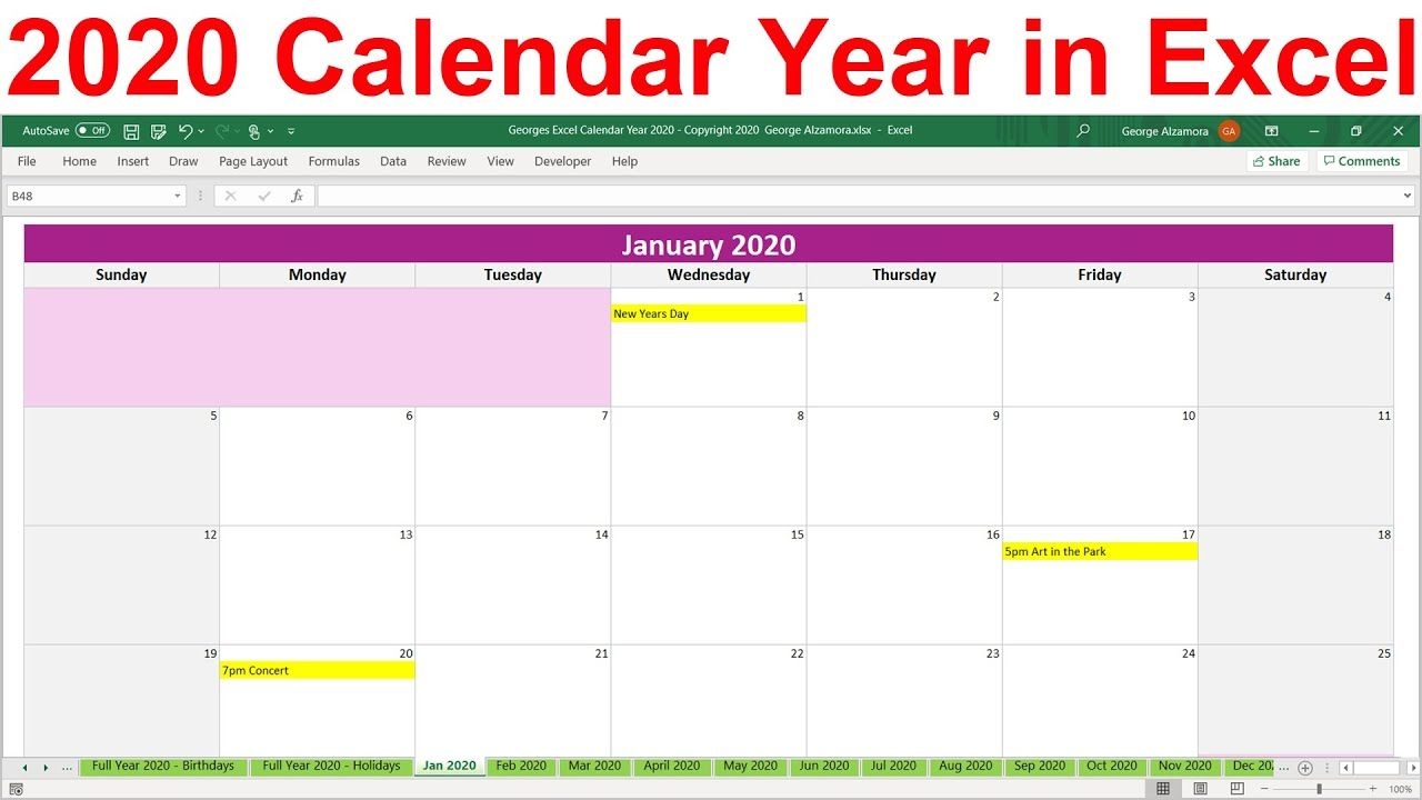 2020 Excel Calendar Template 2020 Planner Spreadsheet 2020 Year At A Glance 2020 Monthly Calendar