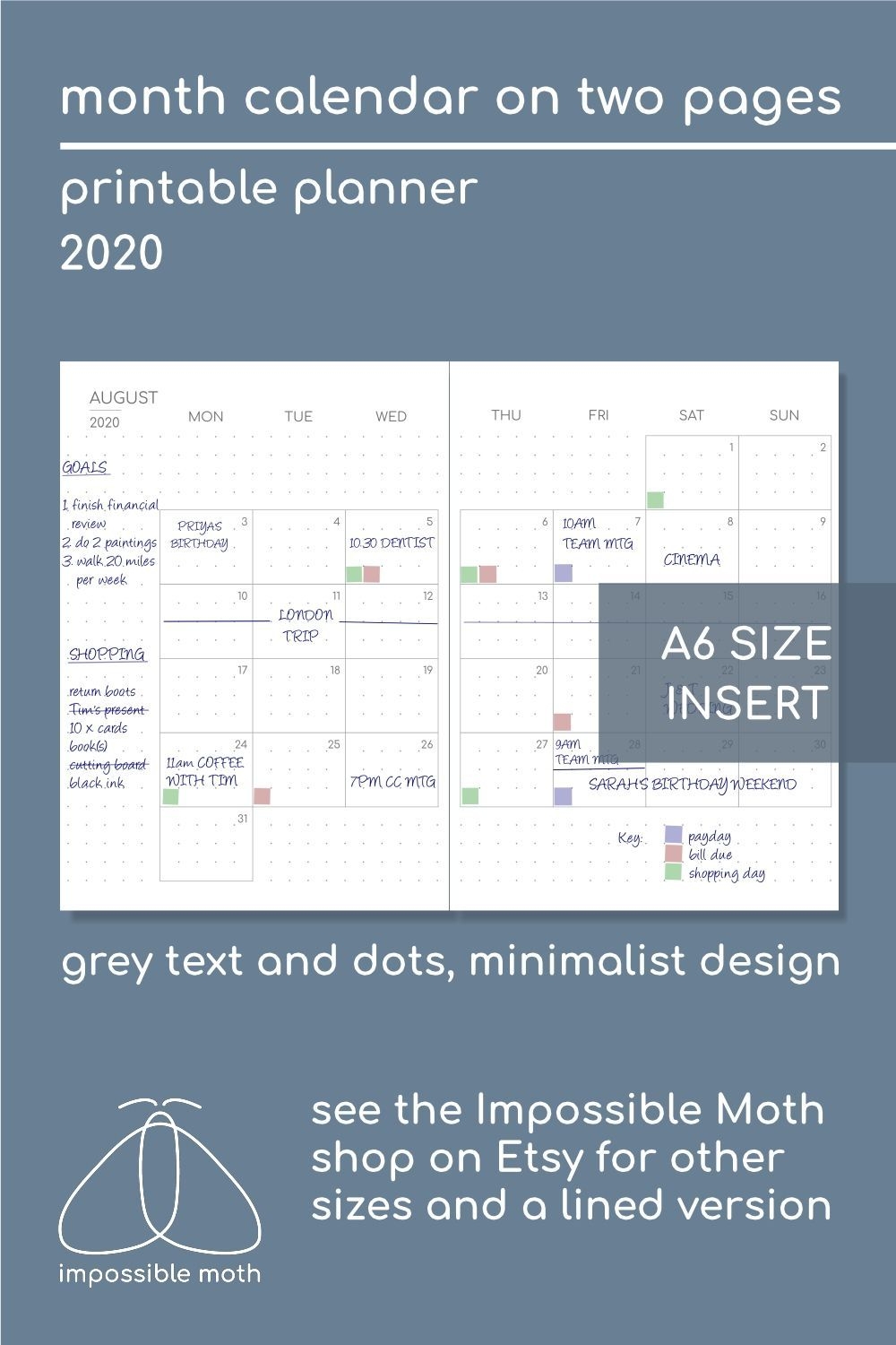 2020 Monthly Calendar On 2 Pages With 5mm Dot Grid A6 Size