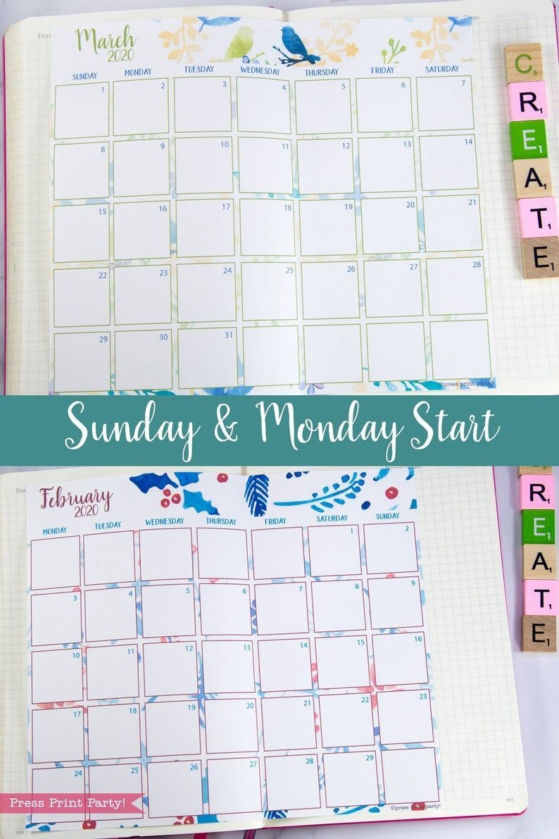 2020 monthly calendar template printables watercolor bullet