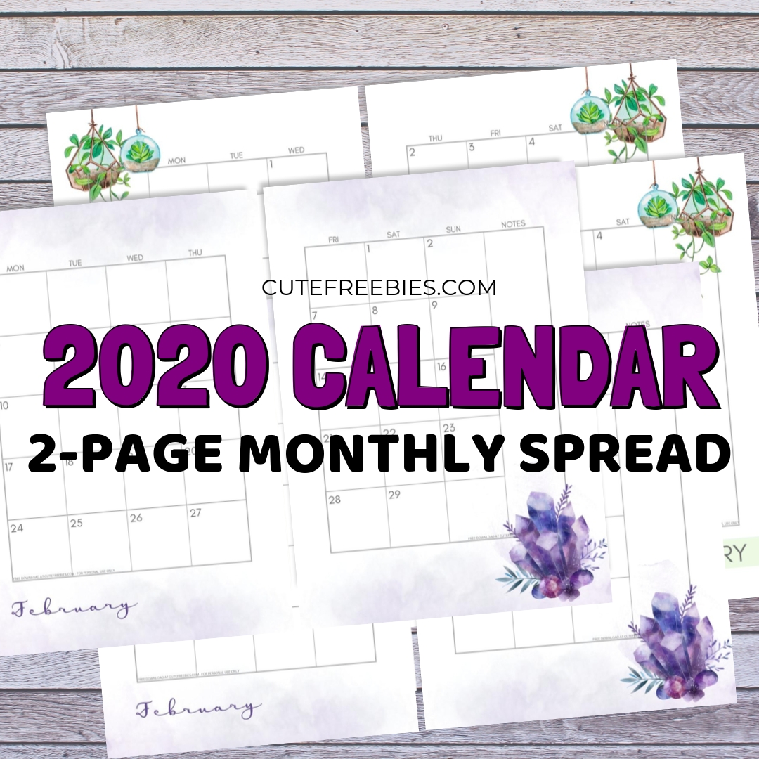 2020 monthly calendar two page spread – free printable