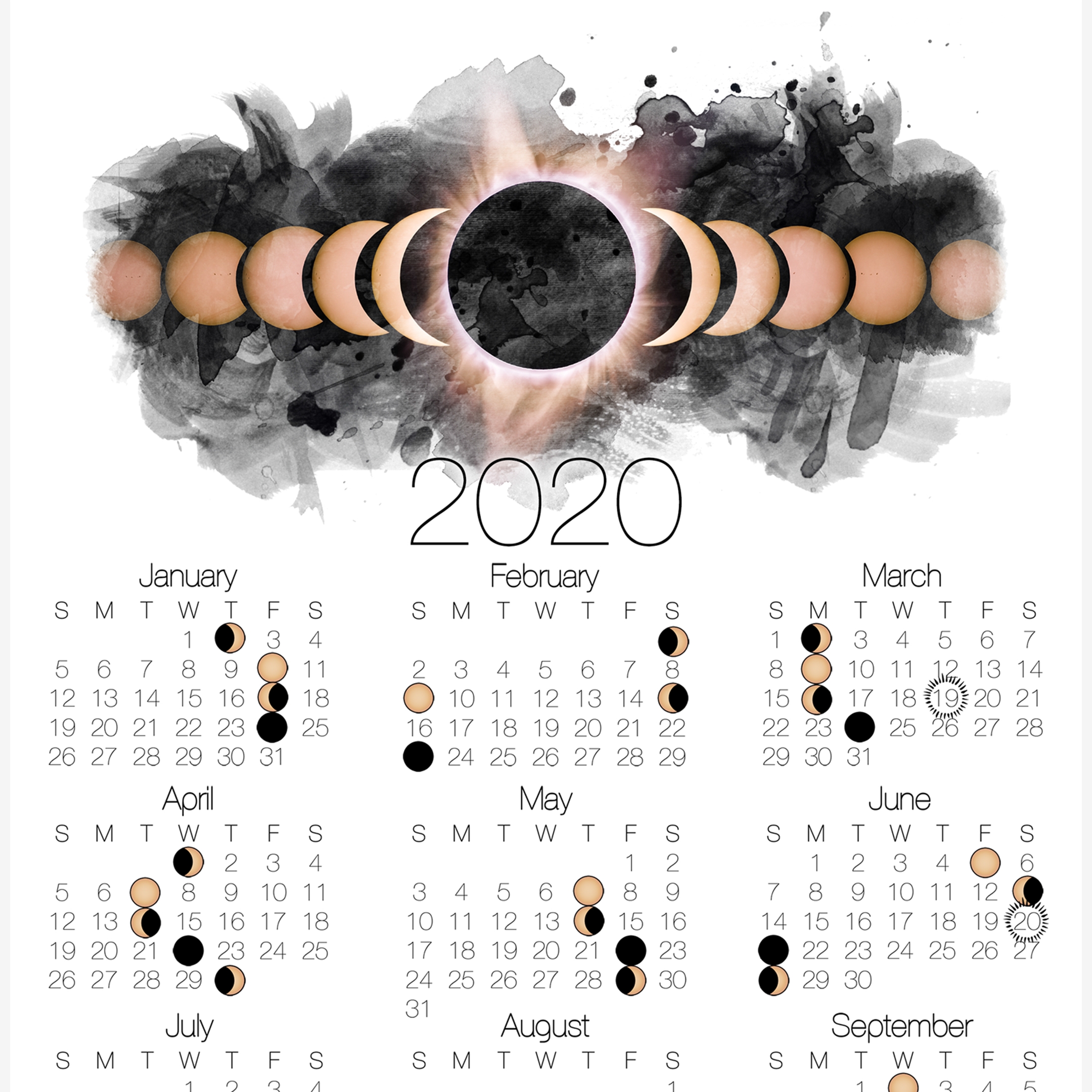 2020 Moon Phase Calendar Lunar Calendar With Solar Eclipse